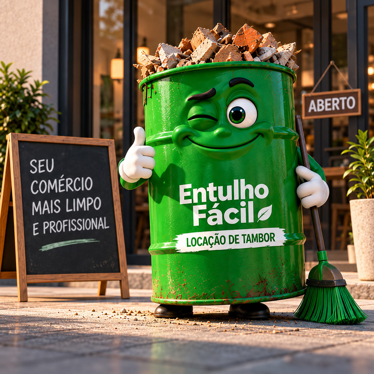 Tambor de entulho em frente a um comércio