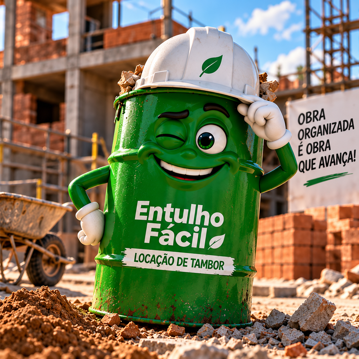 Tambor de entulho em um canteiro de obras